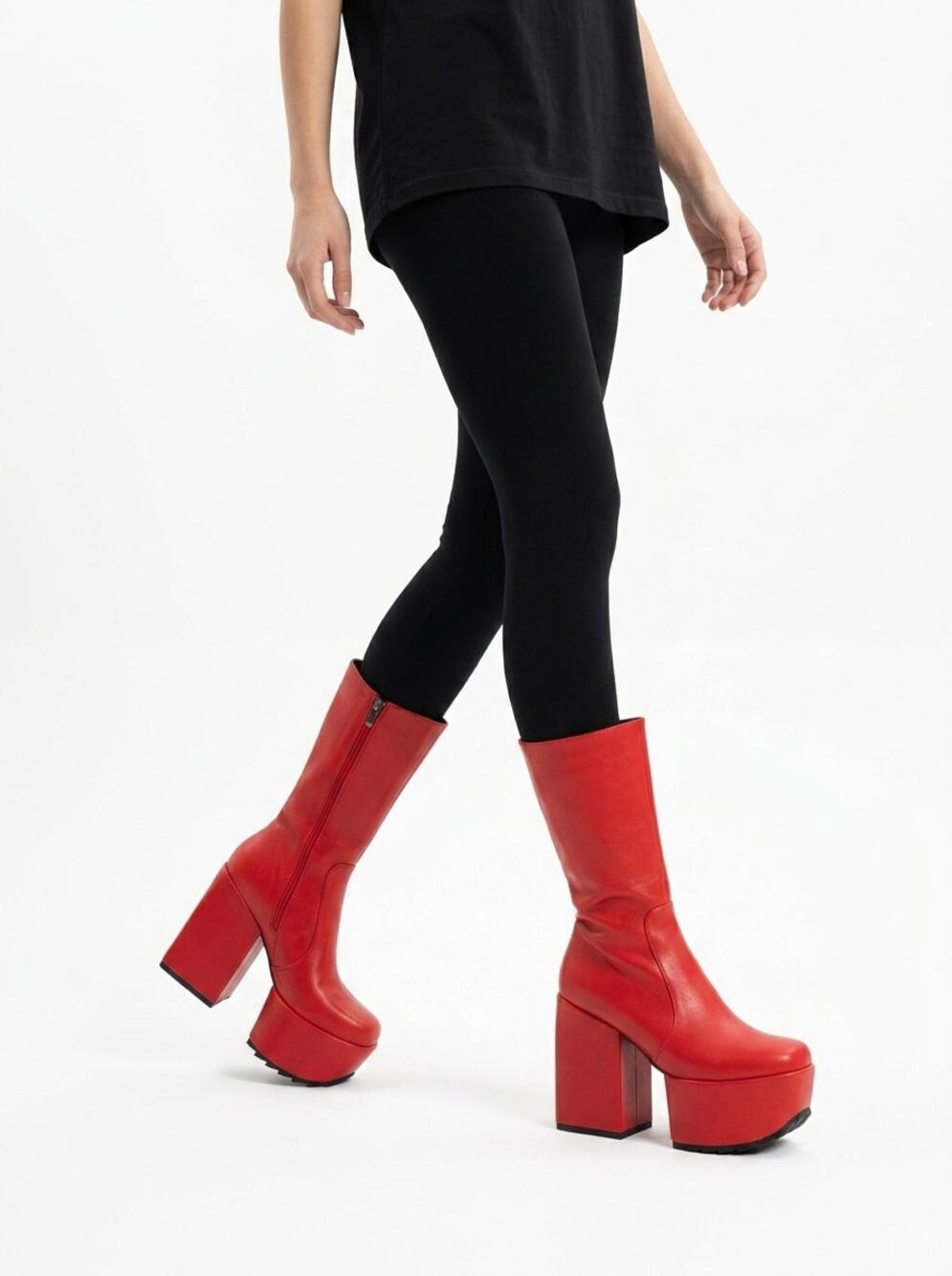 Lamoda Wide Fit Platform Boots Womens 5 Bight Red Leather Chunky Block Heel